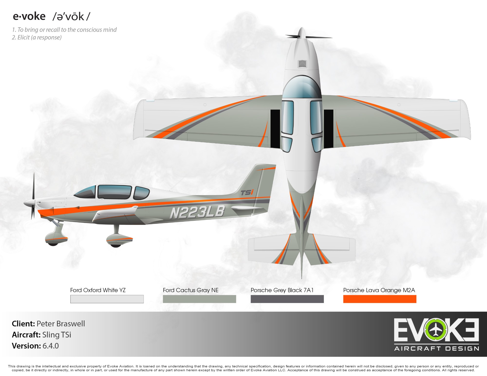 Evoke Aircraft Design paint scheme for N223LB: a white Sling TSi with a Cactus-grey and Lava-orange sweep and a grey-black accent.
